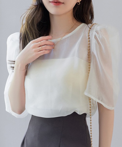 DAY CLOSET(デイ クローゼット)の「レディース 上品に肌を隠す。半袖シアーボリュームパワショルブラウス(シャツ/ブラウス・レディース・ホワイト系その他/ブラック系その他/ブラック/ホワイト・FREE)」の10枚目の写真