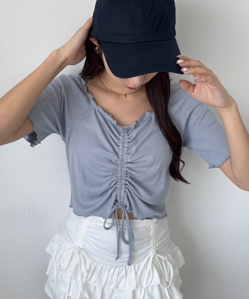 one after another NICE CLAUP（ワンアフターアナザーナイスクラップ）の「ドロストテレコトップス（Tシャツ/カットソー・レディース・サックスブルー/ブラック/杢グレー/ホワイト/ピンク・FREE）」の4枚目の写真