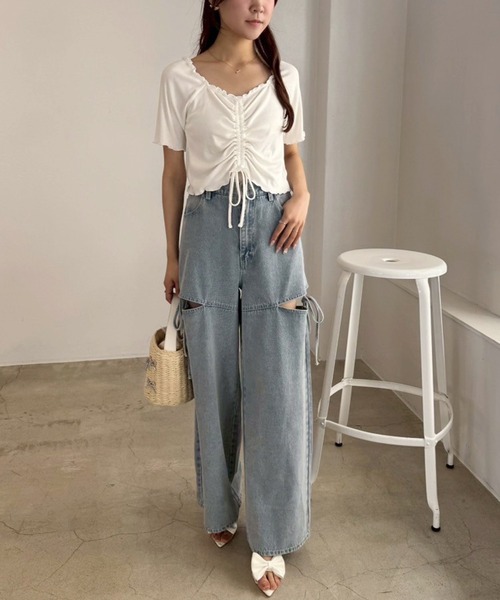 one after another NICE CLAUP（ワンアフターアナザーナイスクラップ）の「ドロストテレコトップス（Tシャツ/カットソー・レディース・サックスブルー/ブラック/杢グレー/ホワイト/ピンク・FREE）」の15枚目の写真