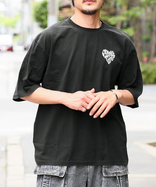 LUXSTYLE(ラグスタイル)の「ピグメントハードウォッシュハートロゴ刺繍半袖Tシャツ(Tシャツ/カットソー・メンズ・ブラック系その他/ブラック系その他2・XL/L/M/S)」の1枚目の写真
