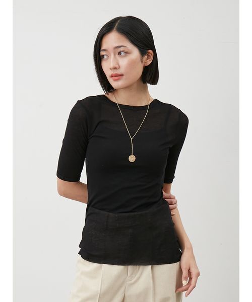 Mila Owen(ミラオーウェン)の「ボートネック後ろあきハーフスリーブT(Tシャツ/カットソー・レディース・ホワイト/ボルドー/ブラック/ライトブルー・0/1)」の5枚目の写真