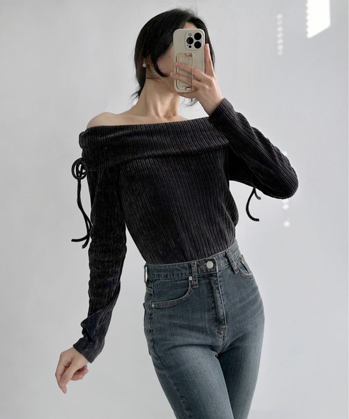 セール】Y2K リボンオフショルシャーリングリブ長袖Tシャツ（Tシャツ 