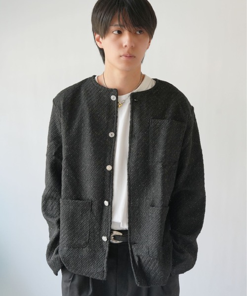 【極上品】メンズ ツイード ノーカラー ジャケット BLACK ツイード調 ノーカラージャケット[品番：TKQJ0019929]｜TAKA-Q MEN
