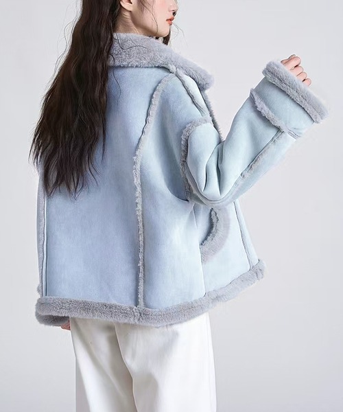 AsheKsha（アシクシャ）の「【新作】秋冬の必需品！毛糸の襟のホーンボタンコート、多色選択可能で超百搭（ムートンコート・レディース・ブラウン/ブルー・M）」の5枚目の写真