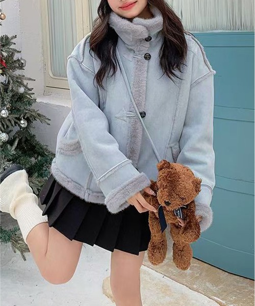 AsheKsha（アシクシャ）の「【新作】秋冬の必需品！毛糸の襟のホーンボタンコート、多色選択可能で超百搭（ムートンコート・レディース・ブラウン/ブルー・M）」の12枚目の写真