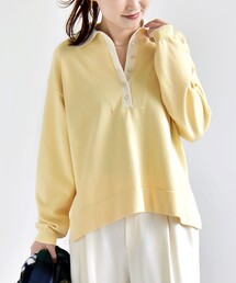 【WEB限定】〈手洗い可能〉サイド スリット ゴールド 釦 ポロ ニット
