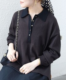 【WEB限定】〈手洗い可能〉サイド スリット ゴールド 釦 ポロ ニット