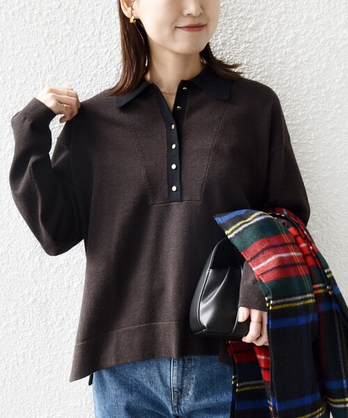 WEB限定】〈手洗い可能〉サイド スリット ゴールド 釦 ポロ ニット