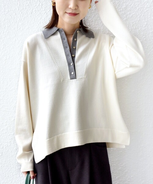 セール】【WEB限定】〈手洗い可能〉サイド スリット ゴールド 釦 ポロ