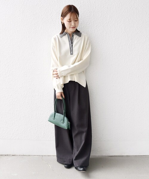 WEB限定】〈手洗い可能〉サイド スリット ゴールド 釦 ポロ ニット