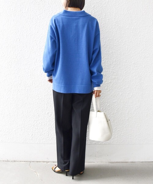 WEB限定】〈手洗い可能〉サイド スリット ゴールド 釦 ポロ ニット