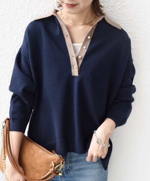 WEB限定】〈手洗い可能〉サイド スリット ゴールド 釦 ポロ ニット