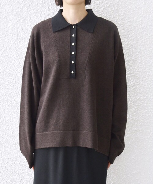 さくら　ships サイド スリットゴールド ポロニット WEB限定】〈手洗い可能〉サイド スリット ゴールド 釦 ポロ ニット