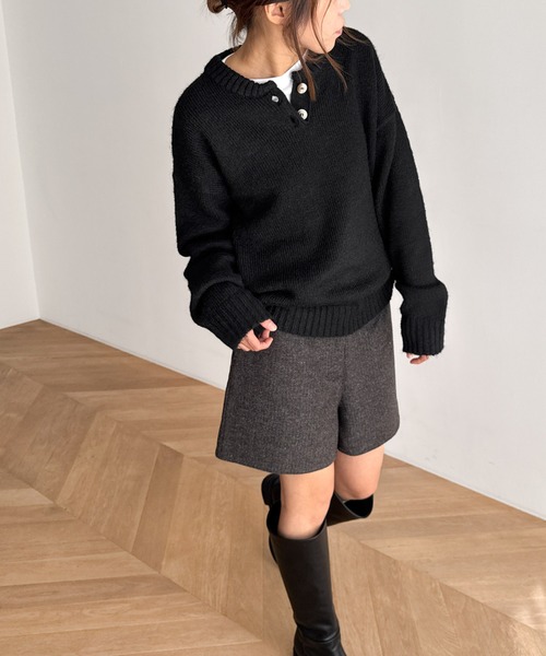 CANAL JEAN（キャナルジーン）の「El mar　ヘンリーネックオーバーニット（ニット/セーター・レディース・オートミール/ブラック/グレー・ONE SIZE）」の2枚目の写真