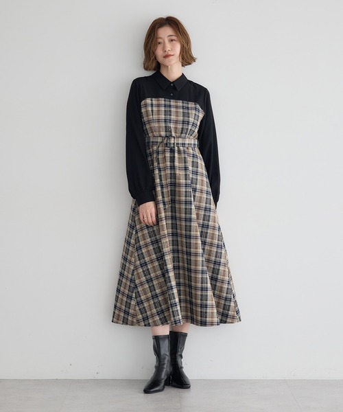 YECCA VECCA(イェッカヴェッカ)の「チェック柄ベアドッキングワンピース(ワンピース・レディース・その他5/チェック・FREE)」の1枚目の写真