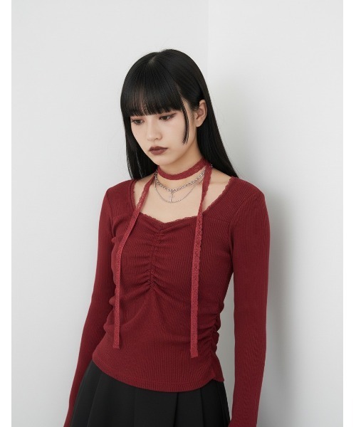 DIP IN CHOCOLATE(ディップインチョコレート)の「レースタイ付きトップス【DIP IN CHOCOLATE】(Tシャツ/カットソー・レディース・ブラック/ホワイト/レッド/ブラウン・F)」の4枚目の写真