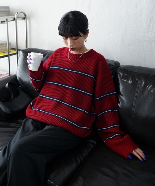 Chillfar(チルファー)の「ルーズカラーボーダーニット(ニット/セーター・レディース・グリーン/レッド/グレー/ネイビー系/ブルー/ブラック・FREE)」の22枚目の写真