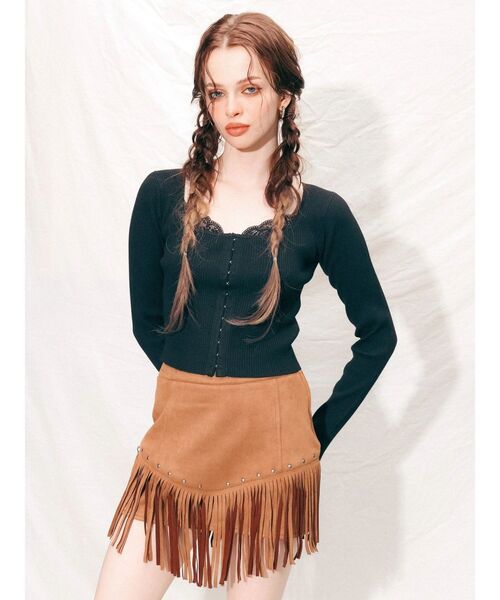 EVRIS（エヴリス）の「フェイクスウェードフリンジスタッズミニスカート【セットアップ着用可能】（スカート・レディース・ブラック/ブラウン・MEDIUM/SMALL）」の3枚目の写真