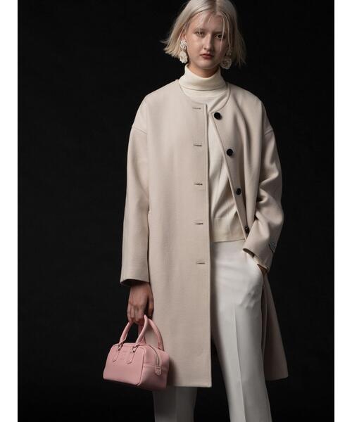 【Techichi】新品・未使用 ノーカラーウールコート セール】【宮本茉由着用】ウールメルトンノーカラーロングコート