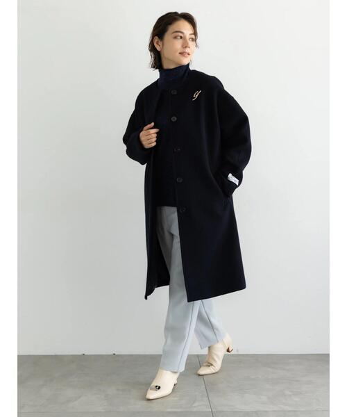 テチチ♡新品未使用　ピュアウールノーカラーロングコート セール】【宮本茉由着用】ウールメルトンノーカラーロングコート