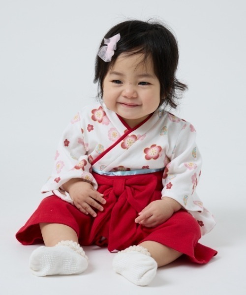 「水通しのみ&5回の使用」赤と白ストライプ クマ刺繍ロンパースセット70センチ 長袖袴オール スムス（ロンパース）｜トイザらス・ベビーザらス