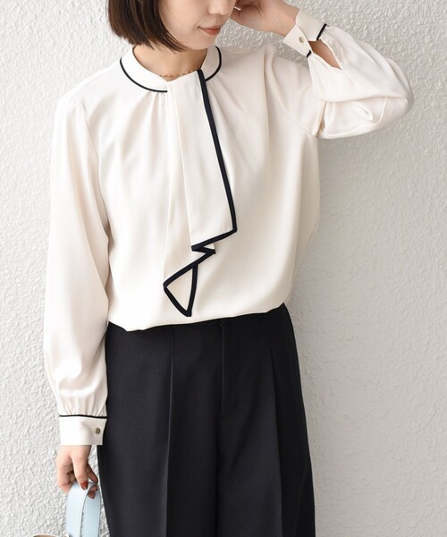 SHIPS Colors:〈手洗い可能〉バイカラー トリム ボウタイ ブラウス