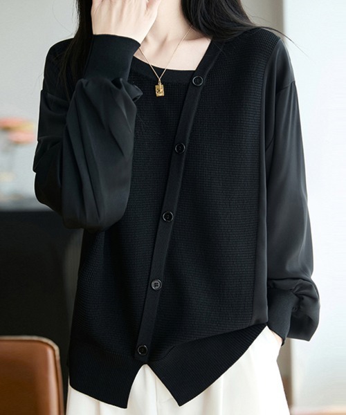 ONEP STAR（ワンピスター）の「異素材切替ニット（ニット/セーター・レディース・ネイビー/ワインレッド/ダークブラウン/ブラック/ピンク・FREE）」の2枚目の写真