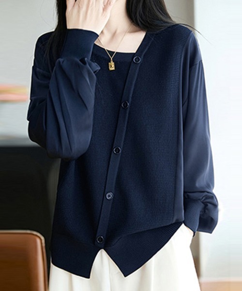 ONEP STAR（ワンピスター）の「異素材切替ニット（ニット/セーター・レディース・ネイビー/ワインレッド/ダークブラウン/ブラック/ピンク・FREE）」の17枚目の写真