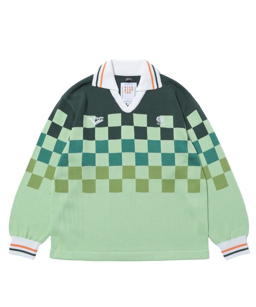 RICE NINE TEN(ライスナインテン)の「RICE NINE TEN KNITTING CHECKRD SOCCER JERSEY KN-CH-SOC(ニット/セーター・メンズ・ライトグリーン/ネイビー/オフホワイト・2)」の2枚目の写真