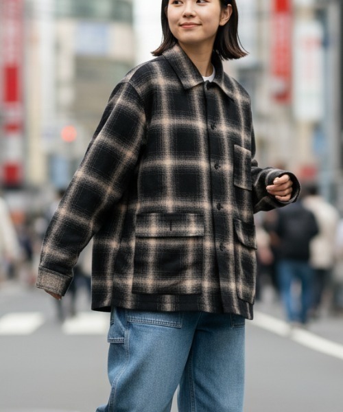 N.s(エヌドットエス)の「【HANEI/ハンエイ】Jisome Check Shirt Jacket シャツジャケット(カバーオール・レディース・アイボリー系/レッド・MEDIUM)」の1枚目の写真