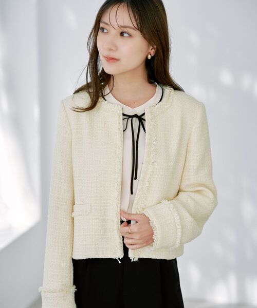 【美品】COHINA コヒナ ブラウン ノーカラー　ジャケット　パンツ　XS ミックスツイードジャケット 【低身長・小柄女性】（ノーカラー