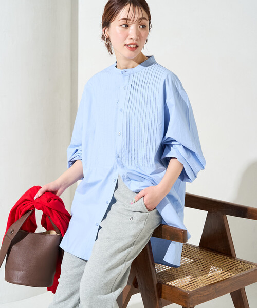 極美品　ebure ピンタックボリュームスリーブシャツ　ブルー　36 綿 セール】限定展開 ピンタック オーバー ボタン ロング スリーブ シャツ