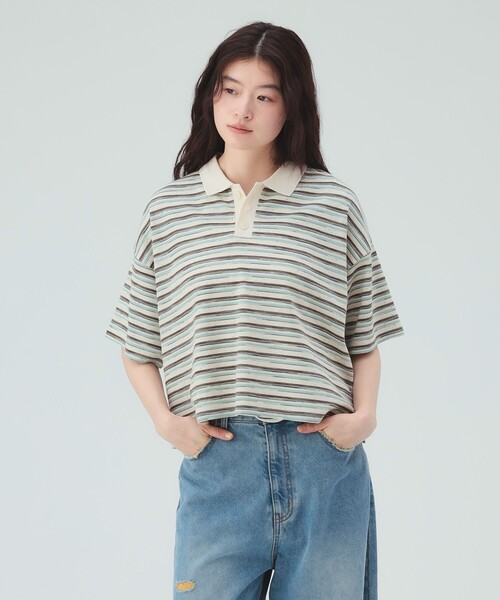 BEAMS HEART(ビームスハート)の「ワッフル ボーダー ポロシャツ(ポロシャツ・レディース・ホワイト系その他5/ブラウン/グレー/ホワイト系その他6/ダークブラウン/グレー系その他・FREE)」の1枚目の写真