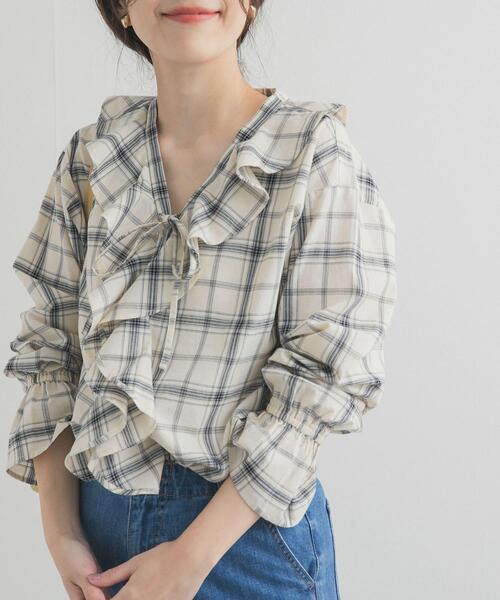 URBAN RESEARCH DOORS（アーバンリサーチドアーズ）の「チェックフリルブラウス（シャツ/ブラウス・レディース・ブルー系その他/ブラック系その他・FREE）」の2枚目の写真