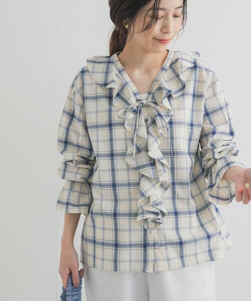 URBAN RESEARCH DOORS（アーバンリサーチドアーズ）の「チェックフリルブラウス（シャツ/ブラウス・レディース・ブルー系その他/ブラック系その他・FREE）」の4枚目の写真