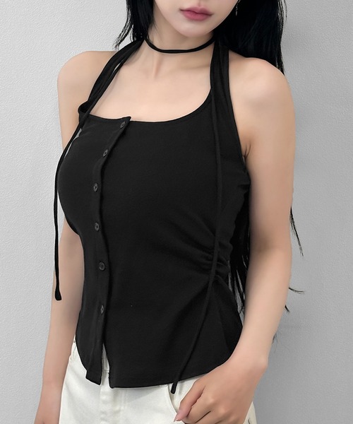 FOLLOWIN(フォロウィン)の「3color/ホルターネック ボタンキャミトップス(タンクトップ・レディース・アイボリー/ブラック/チャコールグレー・FREE)」の1枚目の写真
