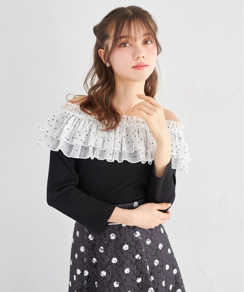 tocco closet(トッコ クローゼット)の「2WAYドットフリル付きリブカットプルオーバー(Tシャツ/カットソー・レディース・オフホワイト/ブラック・M)」の11枚目の写真