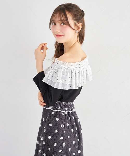 tocco closet(トッコ クローゼット)の「2WAYドットフリル付きリブカットプルオーバー(Tシャツ/カットソー・レディース・オフホワイト/ブラック・M)」の12枚目の写真