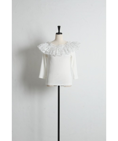 tocco closet(トッコ クローゼット)の「2WAYドットフリル付きリブカットプルオーバー(Tシャツ/カットソー・レディース・オフホワイト/ブラック・M)」の15枚目の写真