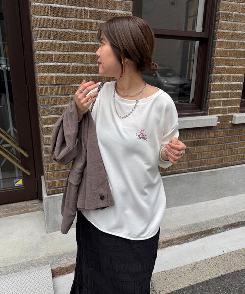 DouDou（ドゥドゥ）の「【インフルエンサーSAKURA企画】ミニダンボールロゴロンTEE（Tシャツ/カットソー・レディース・ライトグレー/オフホワイト/ネイビー・FREE）」の15枚目の写真