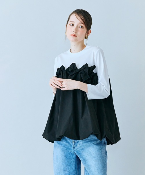 Audie a Muses(オーディアミューズ)の「リボンモチーフ付き異素材カットソー(Tシャツ/カットソー・レディース・ブラック/オフホワイト・38/42)」の3枚目の写真