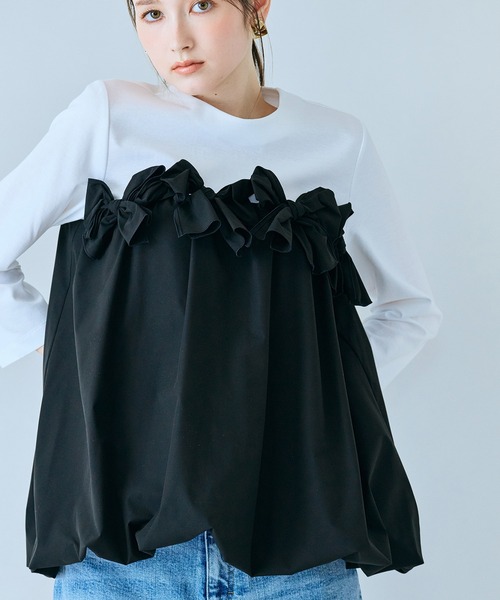 Audie a Muses(オーディアミューズ)の「リボンモチーフ付き異素材カットソー(Tシャツ/カットソー・レディース・ブラック/オフホワイト・38/42)」の12枚目の写真