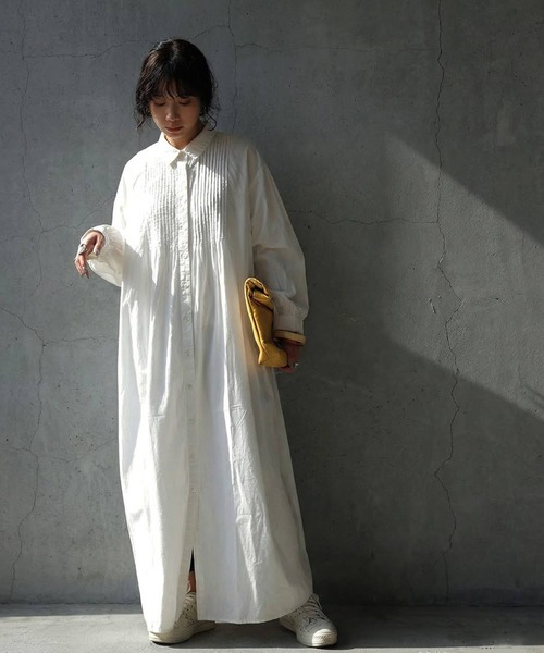 antiqua(アンティカ)の「インド綿 ロングシャツ ワンピース(シャツワンピース・レディース・ホワイト/ブラック・R/P)」の5枚目の写真