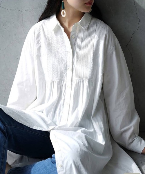 antiqua(アンティカ)の「インド綿 ロングシャツ ワンピース(シャツワンピース・レディース・ホワイト/ブラック・R/P)」の6枚目の写真
