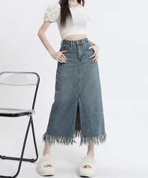 フリンジヘムハイウエストデニムスカート