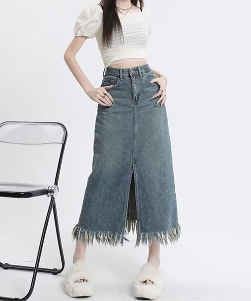 SallyLunn(サリーラン)の「フリンジヘムハイウエストデニムスカート(デニムスカート・レディース・ブルー・MEDIUM/LARGE)」の1枚目の写真