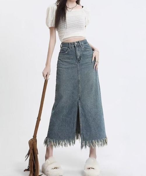 SallyLunn(サリーラン)の「フリンジヘムハイウエストデニムスカート(デニムスカート・レディース・ブルー・MEDIUM/LARGE)」の3枚目の写真