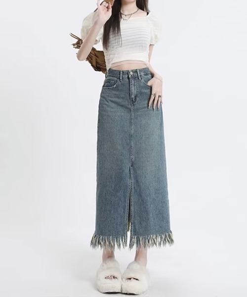 SallyLunn(サリーラン)の「フリンジヘムハイウエストデニムスカート(デニムスカート・レディース・ブルー・MEDIUM/LARGE)」の4枚目の写真