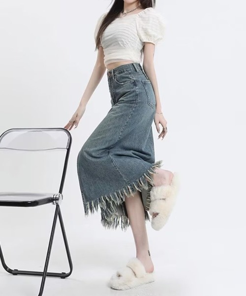 SallyLunn(サリーラン)の「フリンジヘムハイウエストデニムスカート(デニムスカート・レディース・ブルー・MEDIUM/LARGE)」の5枚目の写真