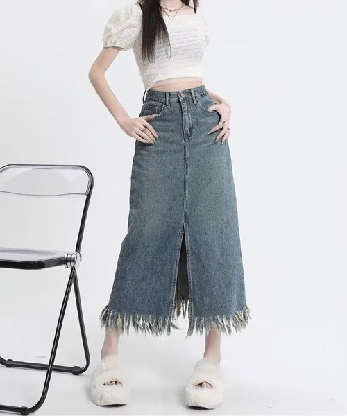 SallyLunn(サリーラン)の「フリンジヘムハイウエストデニムスカート(デニムスカート・レディース・ブルー・MEDIUM/LARGE)」の6枚目の写真